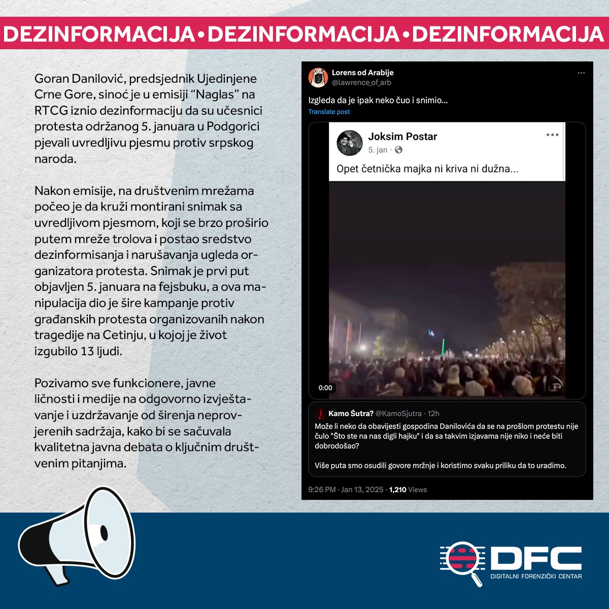 DFC: Danilović iznio dezinformaciju da su učesnici protesta u Podgorici pjevali uvredljivu pjesmu protiv srpskog naroda