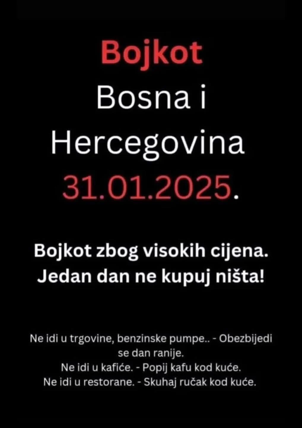 I u BiH poziv na bojkot zbog visokih cijena: '31. januara ne kupuj ništa!'