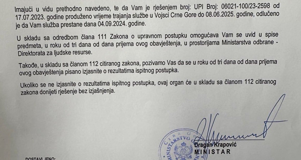 Antena M objavljuje odluku ministra Krapovića da generalu Lazareviću prestaje služba u VCG 04.09.2024.