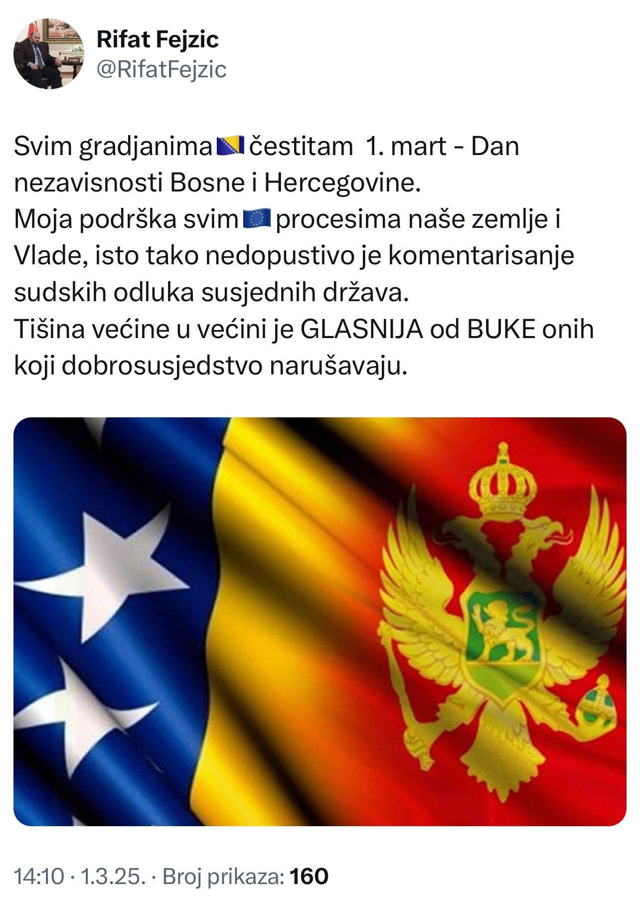 Fejzić čestitao Dan nezavisnosti BiH: Tišina je glasnija od buke onih koji dobrosusjedstvo narušavaju