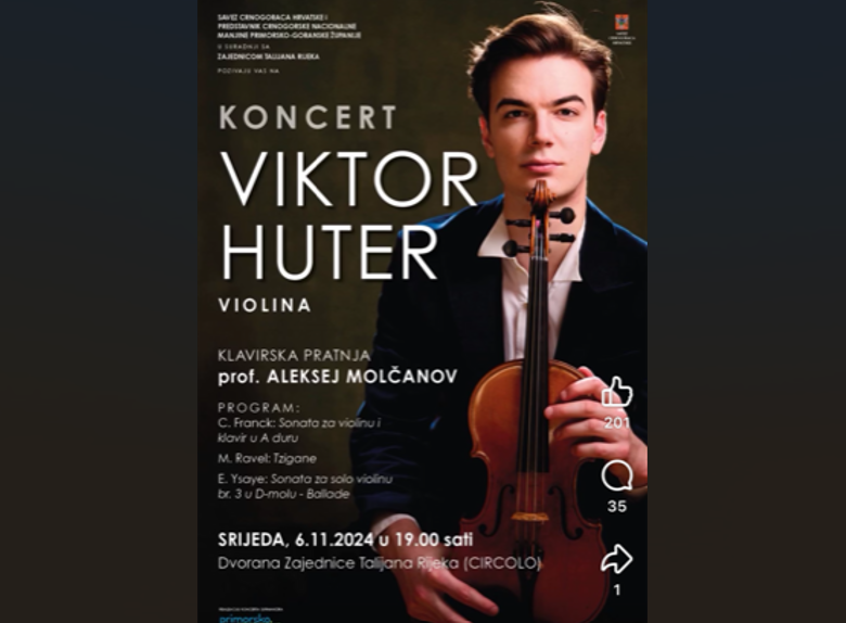 Solistički koncert crnogorskog violiniste Viktora Hutera u Rijeci