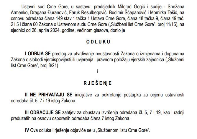 Ustavni sud danas ponovo odbio predlog za utvrđivanje neustavnosti Zakona o slobodi vjeroispovijesti