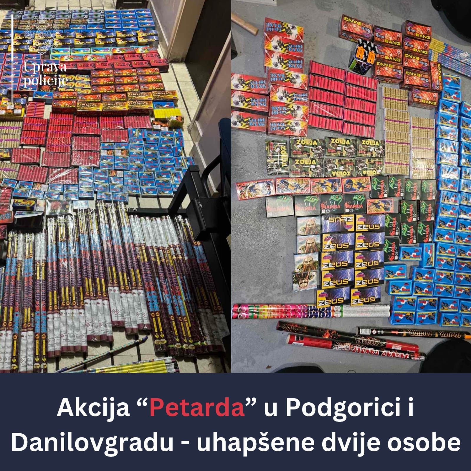 U Podgorici i Danilovgradu oduzeto preko 23.000 komada pirotehničkih sredstava, uhapšene dvije osobe