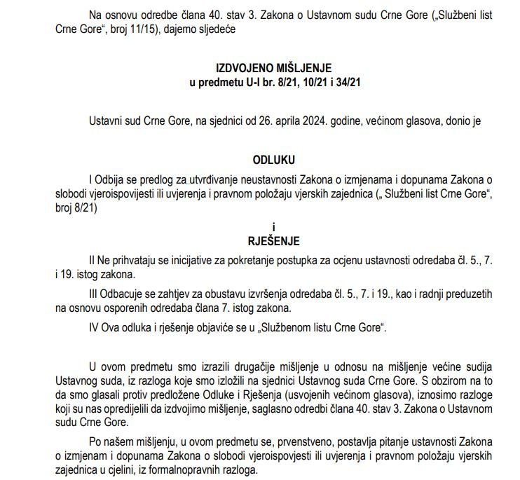 Đuranović i Šćepanović izdvojili mišljenje: Smatraju da je trebalo utvrđivati ustavnost Zakona