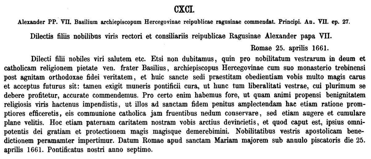  „… prepodobni brat VASILIJE, arhiepiskop hercegovački… poslušnost koju je iskazao ovoj Svetoj Stolici…” – pismo pape glavarima Dubrovačke republike