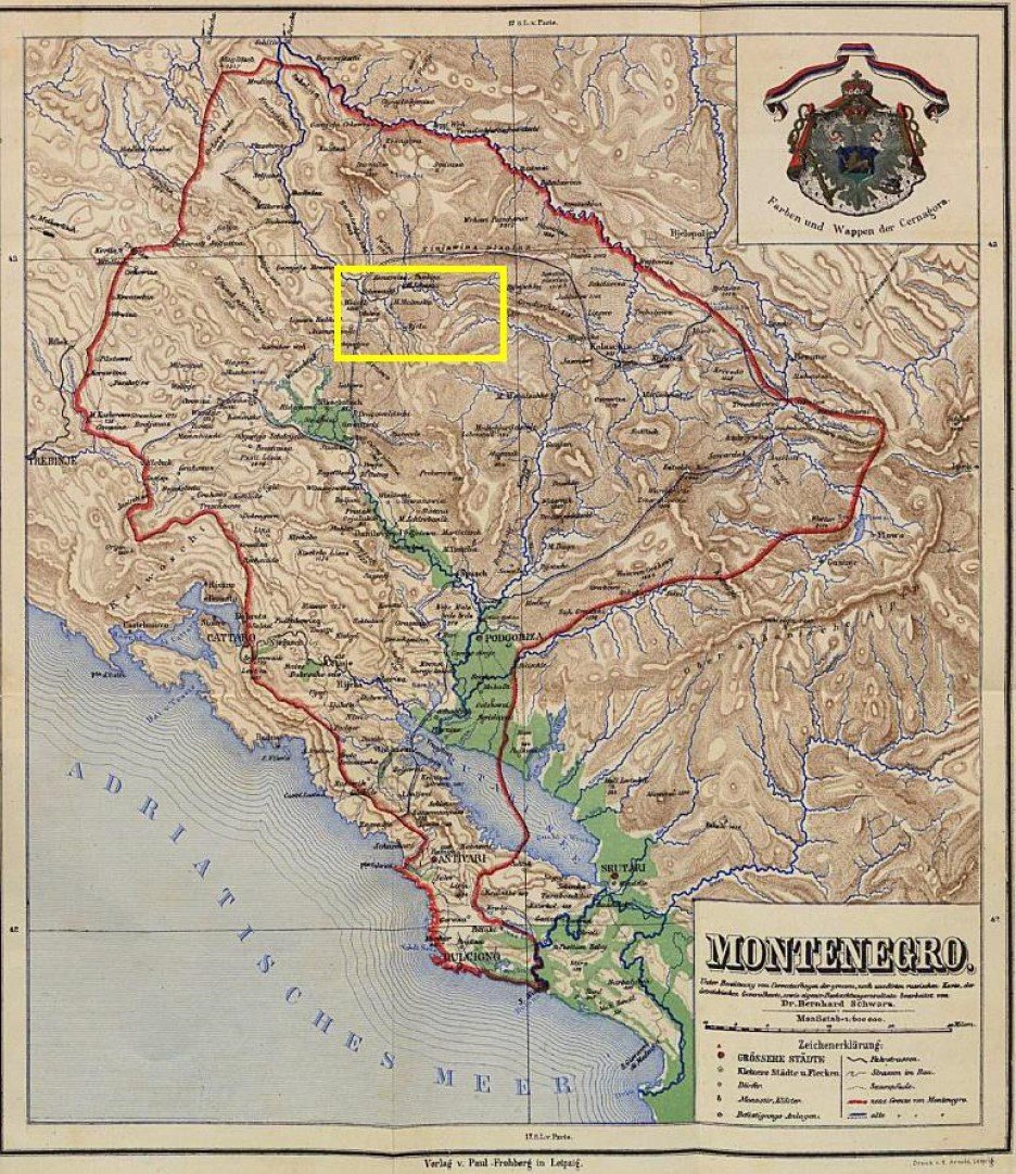 Drobnjaci (markirano žutom), nezavisna Knjaževina Crna Gora – mapa iz ranih 1880-ih